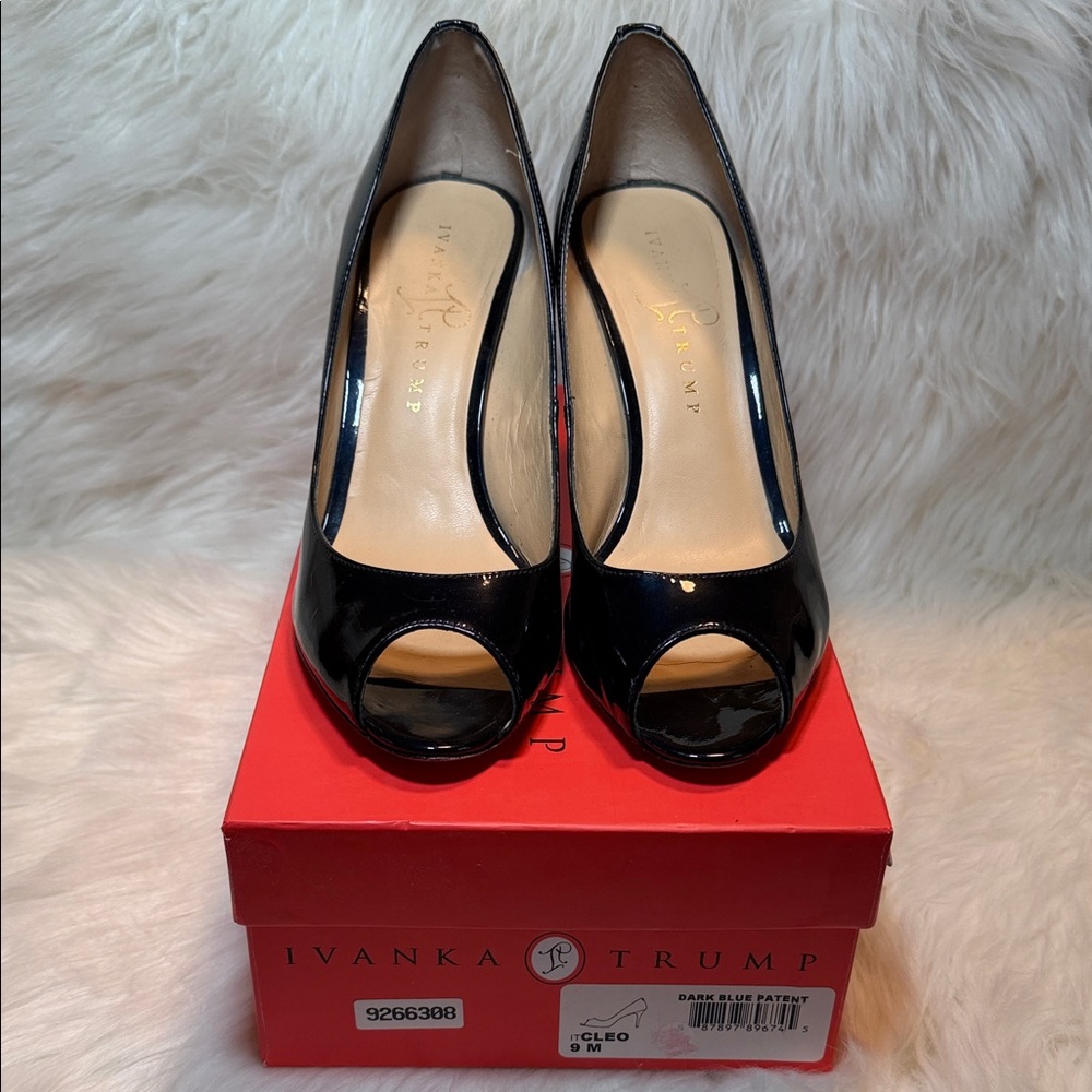 Ivanka Trump dark blue patent Peep Toe Heels size 9 -Cleo